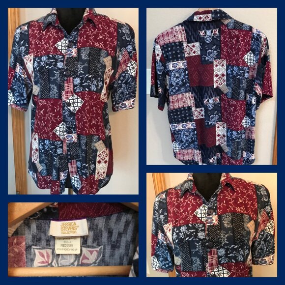 Jessica Stevens Paisley Floral Blouse: Vintage 80s Rayon Tunic, Magenta Blue, M - Picture 9 of 9